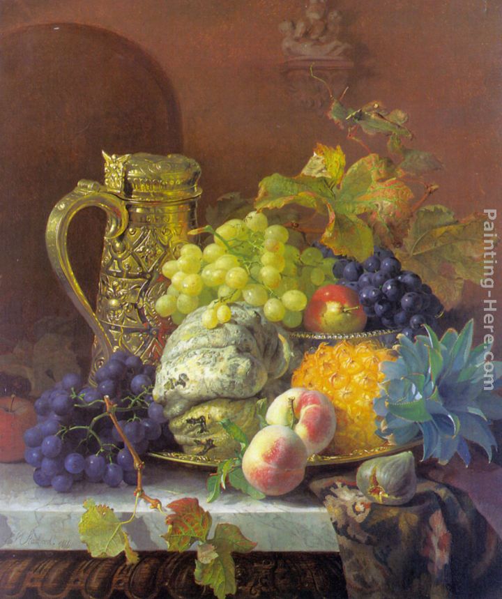 Fruits on a tray with a silver flagon on a marble ledge painting - Eloise Harriet Stannard Fruits on a tray with a silver flagon on a marble ledge art painting